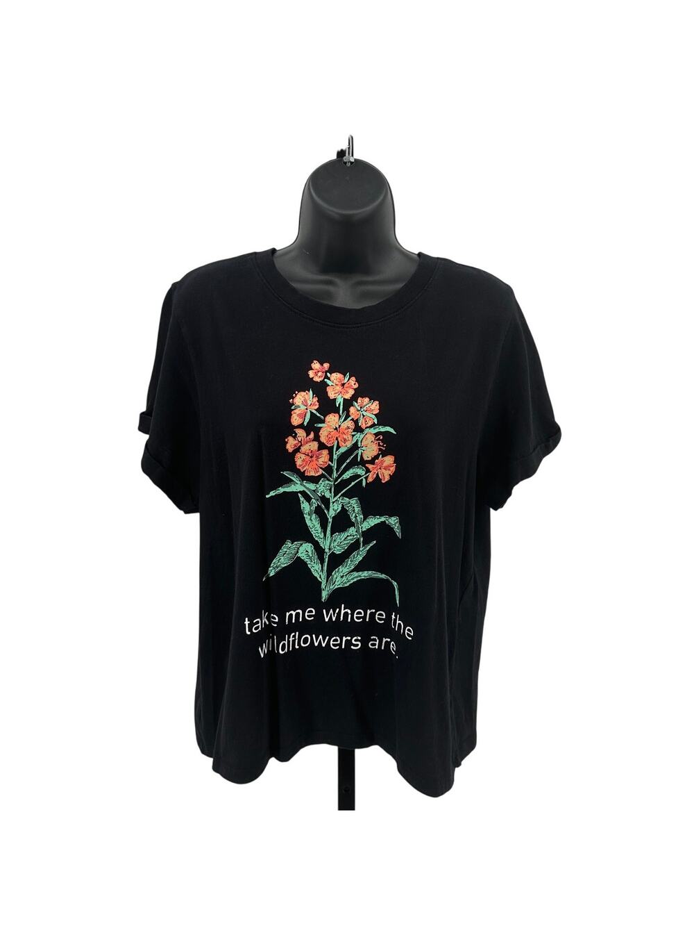 Messy Bun Just Chillin' T-Shirt WMNS L Black Flower Print Short Sleeve Crew Neck
